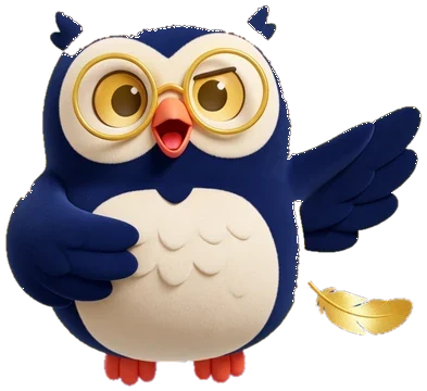 Quill the owl hooting, a golden feather drifting down