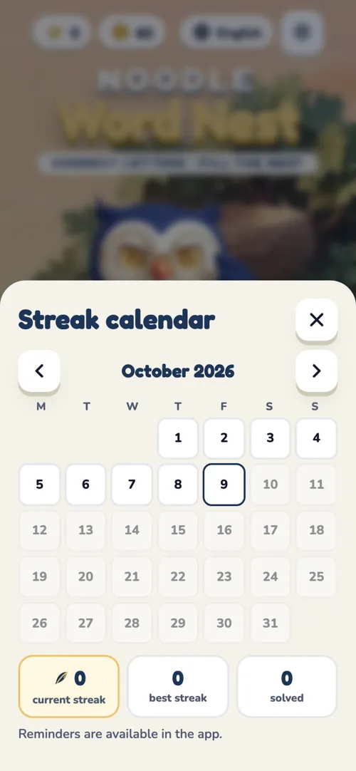 Streak calendar with feathers on solved days