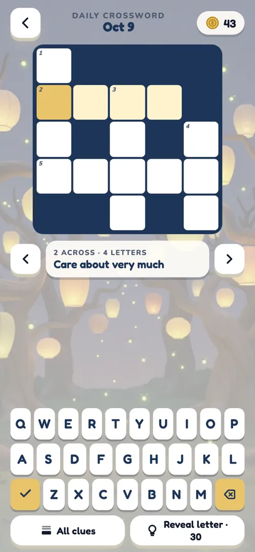 The Daily Crossword with clues and an on-screen keyboard